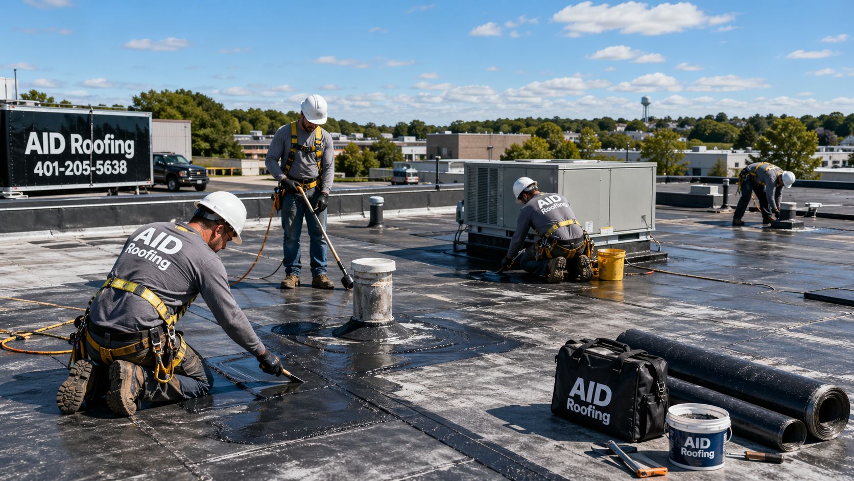 Commercial flat roof repair by AID Roofing in Rhode Island