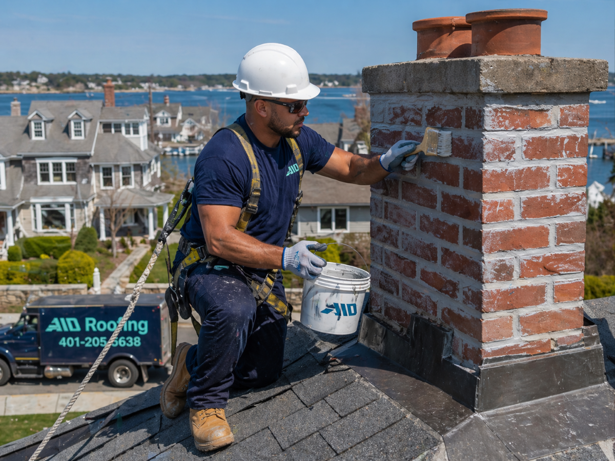 Chimney waterproofing service by AID Roofing, RI